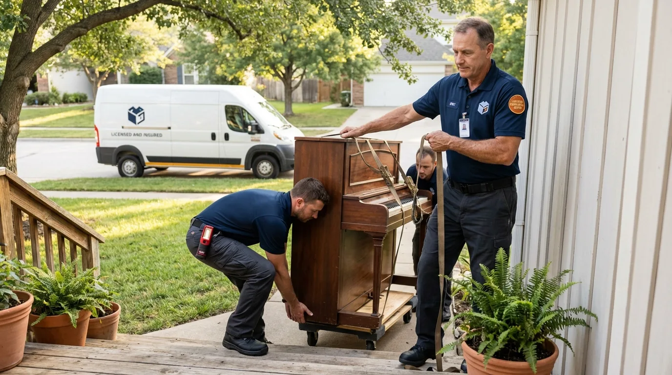 Licensed piano movers securing grand piano in Forsyth, MT