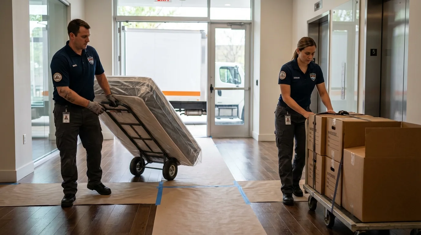 Professional apartment movers loading elevator in Forsyth, MT